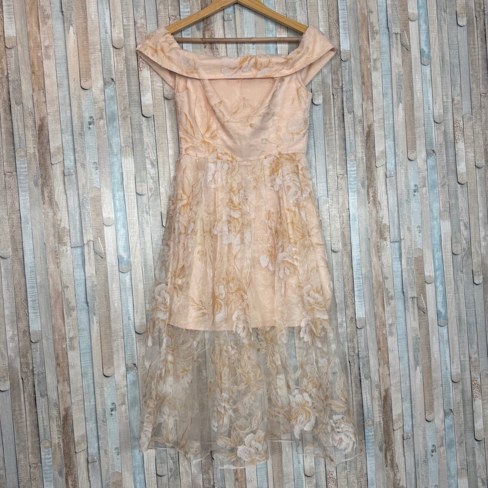 Asos Peach Floral Organza Sheer‎ Off Shoulder Bardot Midi Dress 6 Wedding Guest